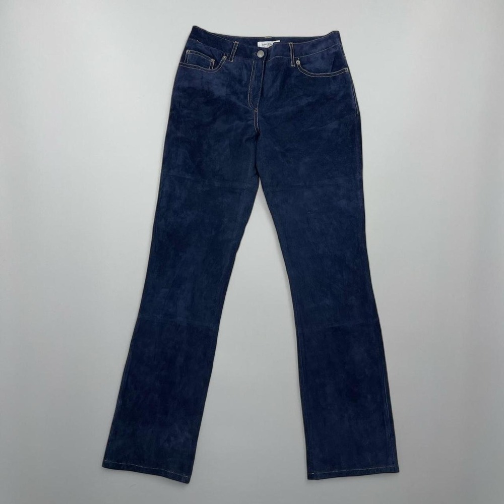 High Rise Suede Leather Pants Straight Leg Navy 4 S Retro 70s Boho Biker Chic